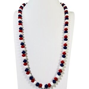 Vintage Trifari Post World War II Necklace Lucite Beads Red White Blue  30"
